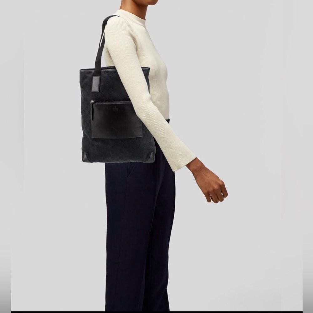 Authentic Gucci nylon calfskin monogram tall tote in black. - Picture 14 of 14